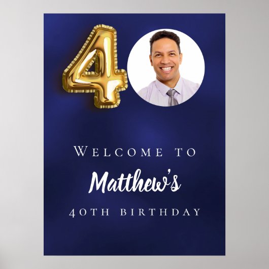 Navy blauw goud 40e foto verjaardagsfeestje welkom poster (Voorkant)