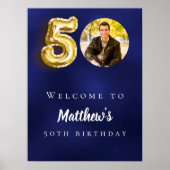 Navy blauw goud 50e foto verjaardagsfeestje welkom poster (Voorkant)