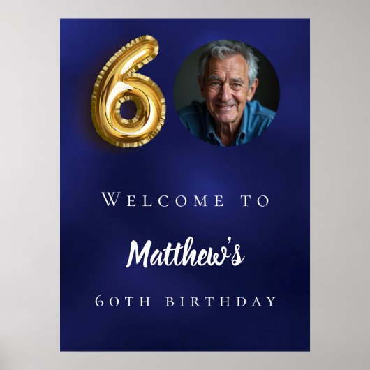 Navy blauw goud 60e foto verjaardagsfeestje welkom poster (Voorkant)