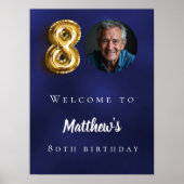 Navy blauw goud 80e foto verjaardagsfeestje welkom poster (Voorkant)