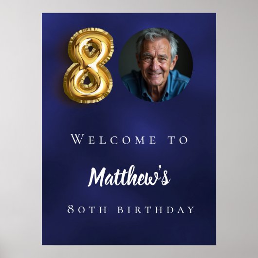 Navy blauw goud 80e foto verjaardagsfeestje welkom poster (Voorkant)