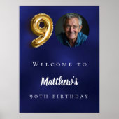 Navy blauw goud 90e foto verjaardagsfeestje welkom poster (Voorkant)