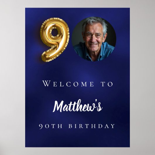 Navy blauw goud 90e foto verjaardagsfeestje welkom poster (Voorkant)