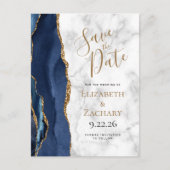 Navy Blauw Goud Agaat Marmer Save the Date Aankondigingskaart (Voorkant)