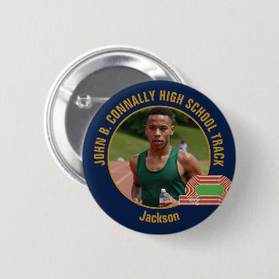 Navy Blauw Goud Atletiek Team Foto Hardloper Ronde Button 5,7 Cm