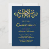 Navy Blauw Goud Bloeiende Diamant Quinceanera Kaart (Voorkant)