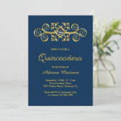 Navy Blauw Goud Bloeiende Diamant Quinceanera Kaart (Staand voorkant)