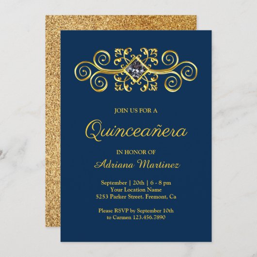 Navy Blauw Goud Bloeiende Diamant Quinceanera Kaart (Voorkant / Achterkant)