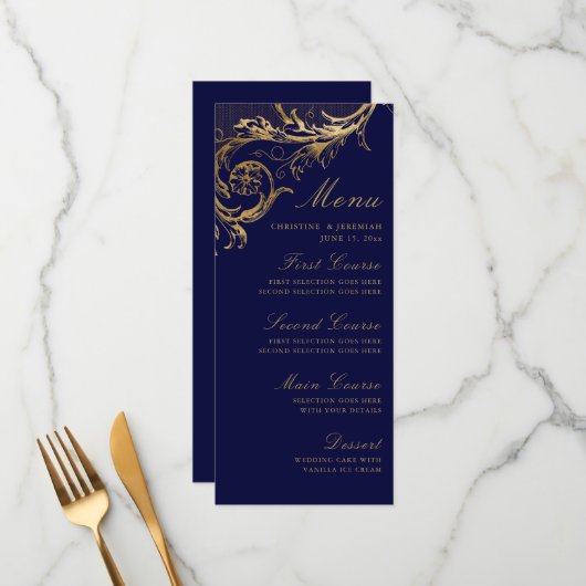 Navy Blauw Goud Bloemen Damast Bruiloft Menu (Voorkant / Achterkant in situ)