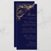 Navy Blauw Goud Bloemen Damast Bruiloft Menu (Voorkant / Achterkant)