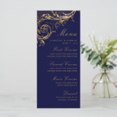  Navy Blauw Goud Bloemen Damast Bruiloft Menu (Staand voorkant)