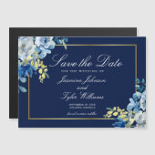 Navy Blauw Goud Bloemen Elegante Winter Save the D Magnetische Uitnodiging (Voorkant / Achterkant)