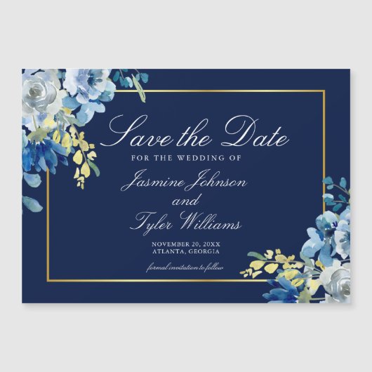 Navy Blauw Goud Bloemen Elegante Winter Save the D Magnetische Uitnodiging (Voorkant)
