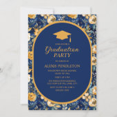 Navy Blauw Goud Bloemen High School Afstuderen Cap Kaart (Voorkant)