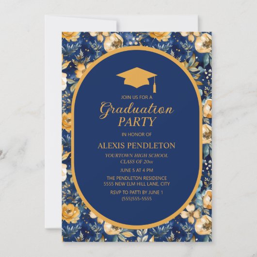 Navy Blauw Goud Bloemen High School Afstuderen Cap Kaart (Voorkant)
