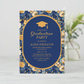 Navy Blauw Goud Bloemen High School Afstuderen Cap Kaart (Staand voorkant)