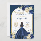 Navy Blauw Goud Bloemen Prinses Quinceañera Kaart (Voorkant)
