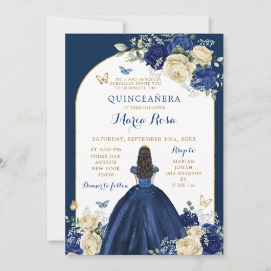 Navy Blauw Goud Bloemen Prinses Quinceañera Kaart (Voorkant)