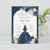 Navy Blauw Goud Bloemen Prinses Quinceañera Kaart (Staand voorkant)