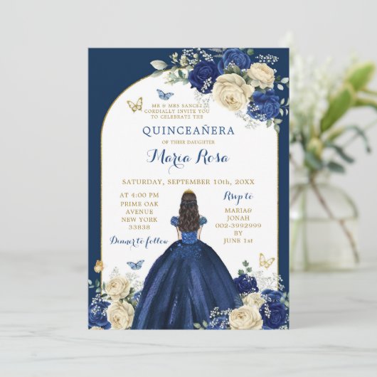 Navy Blauw Goud Bloemen Prinses Quinceañera Kaart (Staand voorkant)