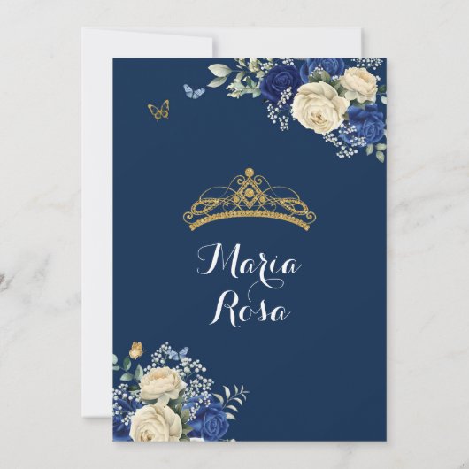 Navy Blauw Goud Bloemen Prinses Quinceañera Kaart (Achterkant)