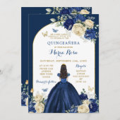Navy Blauw Goud Bloemen Prinses Quinceañera Kaart (Voorkant / Achterkant)