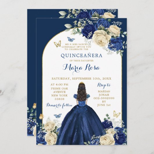 Navy Blauw Goud Bloemen Prinses Quinceañera Kaart (Voorkant / Achterkant)
