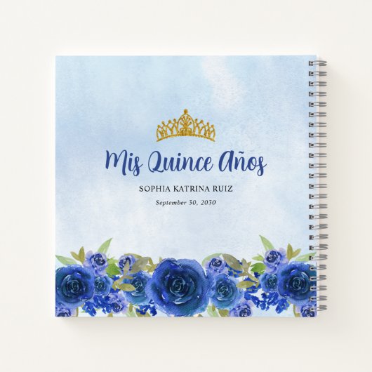 Navy Blauw Goud Bloemen Prinses Quinceañera Notitieboek (Achterkant)
