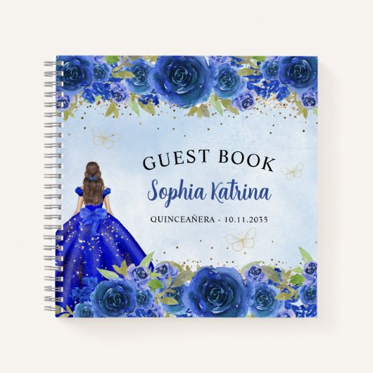 Navy Blauw Goud Bloemen Prinses Quinceañera Notitieboek (Voorkant)