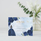 Navy Blauw Goud Bloemen Prinses Quinceañera RSVP Briefkaart (Staand voorkant)