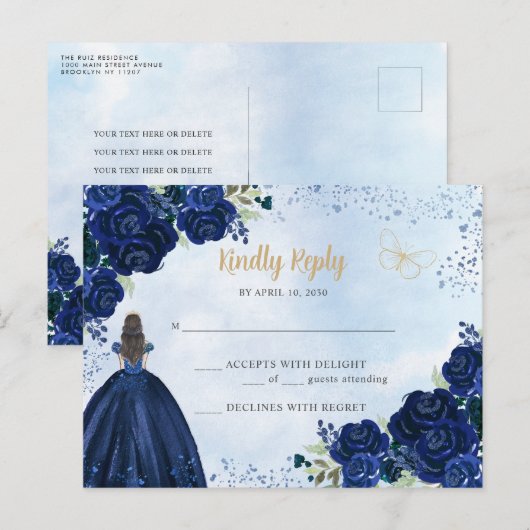 Navy Blauw Goud Bloemen Prinses Quinceañera RSVP Briefkaart (Voorkant / Achterkant)