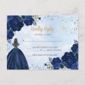 Navy Blauw Goud Bloemen Prinses Quinceañera RSVP Briefkaart (Voorkant)