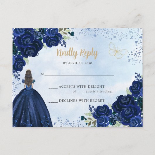 Navy Blauw Goud Bloemen Prinses Quinceañera RSVP Briefkaart (Voorkant)
