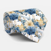 Navy Blauw Goud Bloemen Waterverf Bloemen Trouwen Stropdas (Opgerold)