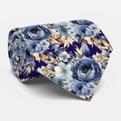 Navy Blauw Goud Bloemen Waterverf Bloemen Trouwen Stropdas (Opgerold)