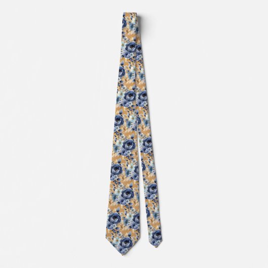 Navy Blauw Goud Bloemen Waterverf Bloemen Trouwen Stropdas (Voorkant)