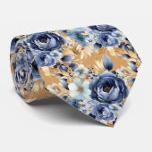 Navy Blauw Goud Bloemen Waterverf Bloemen Trouwen Stropdas (Opgerold)