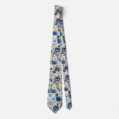 Navy Blauw Goud Bloemen Waterverf Bloemen Trouwen Stropdas (Voorkant)