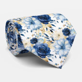 Navy Blauw Goud Bloemen Waterverf Bloemen Trouwen Stropdas (Opgerold)