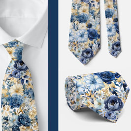 Navy Blauw Goud Bloemen Waterverf Bloemen Trouwen Stropdas