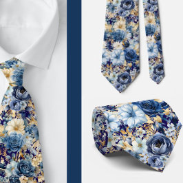 Navy Blauw Goud Bloemen Waterverf Bloemen Trouwen Stropdas