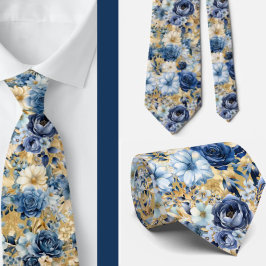 Navy Blauw Goud Bloemen Waterverf Bloemen Trouwen Stropdas