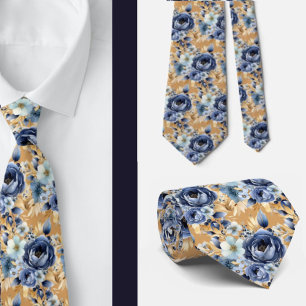 Navy Blauw Goud Bloemen Waterverf Bloemen Trouwen Stropdas
