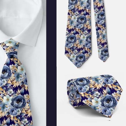 Navy Blauw Goud Bloemen Waterverf Bloemen Trouwen Stropdas