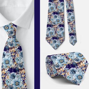 Navy Blauw Goud Bloemen Waterverf Bloemen Trouwen Stropdas