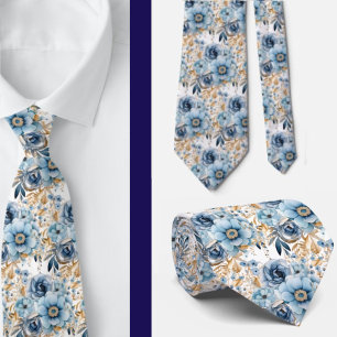 Navy Blauw Goud Bloemen Waterverf Bloemen Trouwen Stropdas