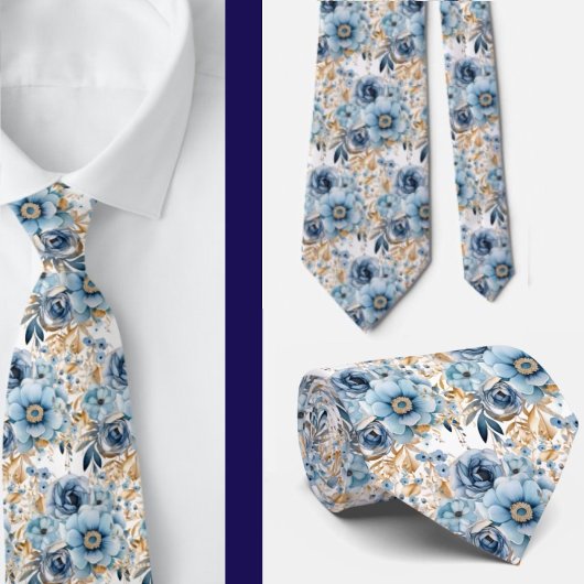 Navy Blauw Goud Bloemen Waterverf Bloemen Trouwen Stropdas