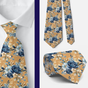 Navy Blauw Goud Bloemen Waterverf Bloemen Trouwen Stropdas
