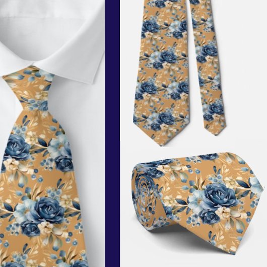 Navy Blauw Goud Bloemen Waterverf Bloemen Trouwen Stropdas