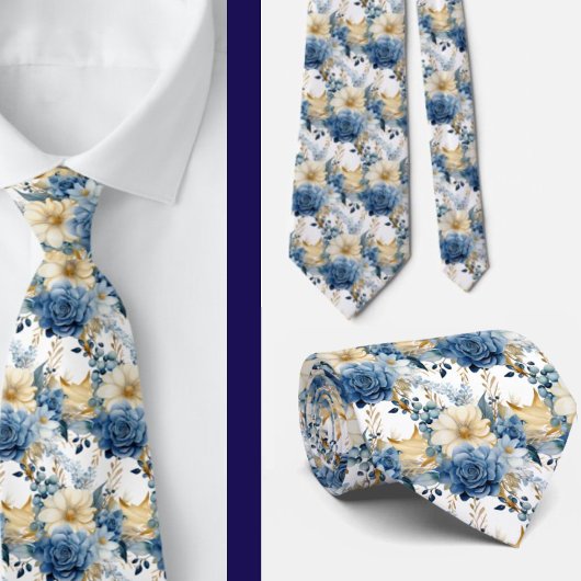 Navy Blauw Goud Bloemen Waterverf Bloemen Trouwen Stropdas